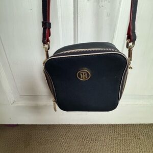 Tommy Hilfiger Navy Crossbody with Red-Trim Strap and Gold Accents